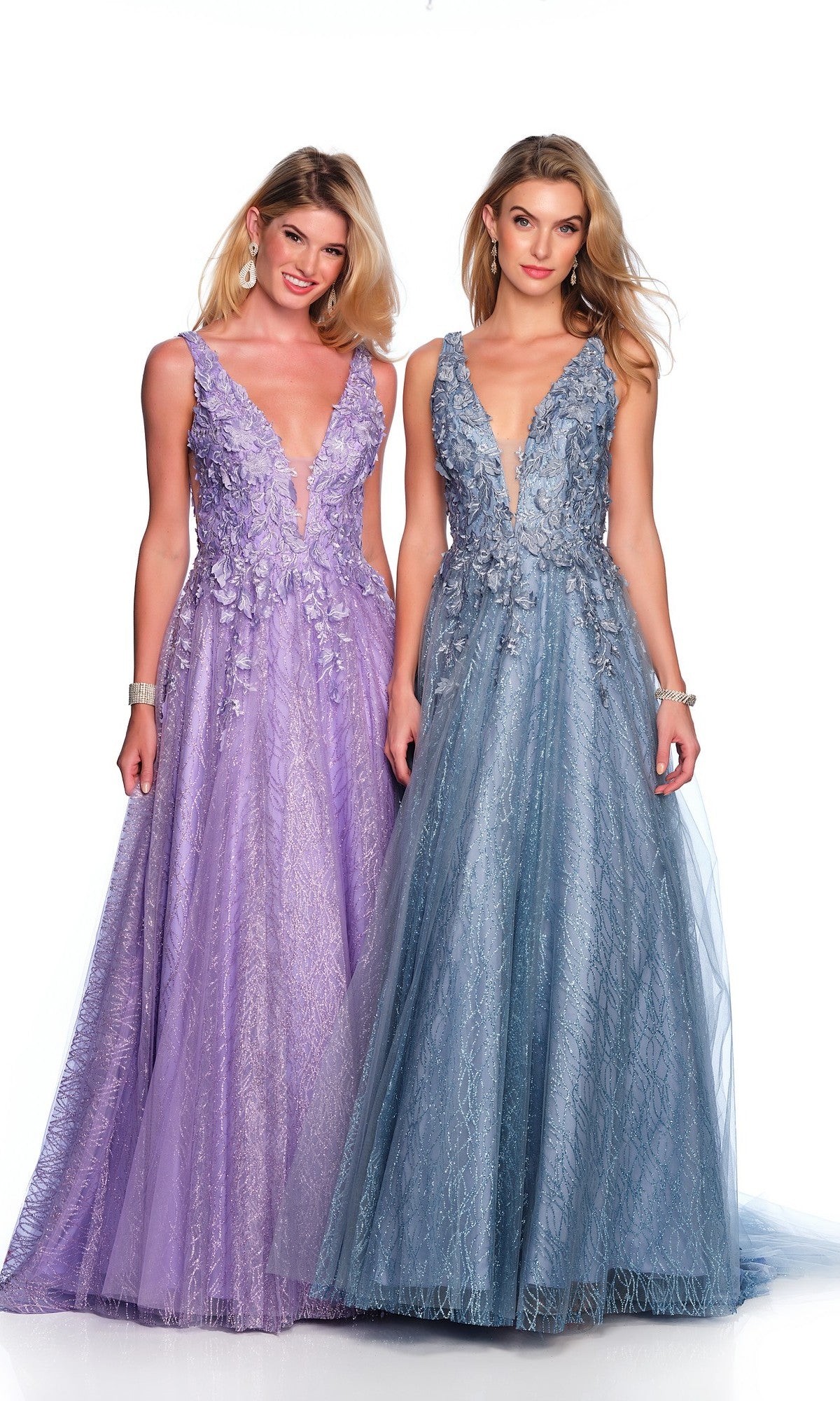 Two women wear the Long Formal Dress A10288 by Dave and Johnny—floor-length, sleeveless evening gowns with floral accents and plunging v-necks; one in lavender, the other in light blue.
